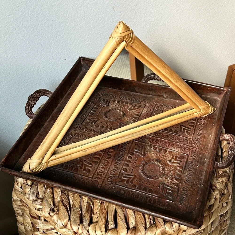 Vintage Triangle Rattan Wall Mirror Boho Geometric Wicker Decor Frame 14in